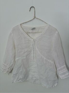 Johnny Was White Linen Tie-Front Blouse